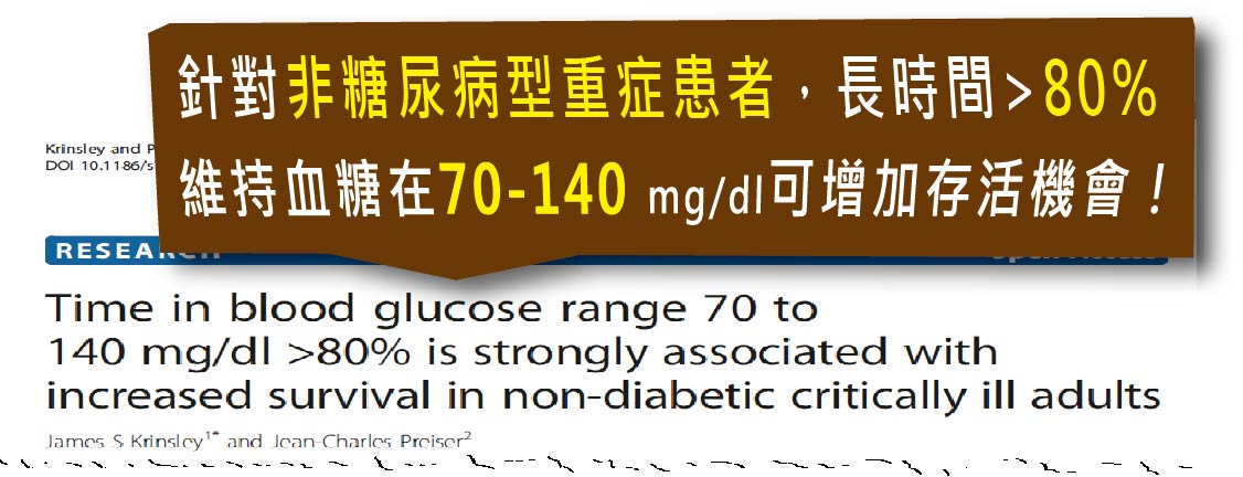 針對非糖尿病型的重症患者，長時間>80%維持血醣在70~140mg/dl可增加存活機會
